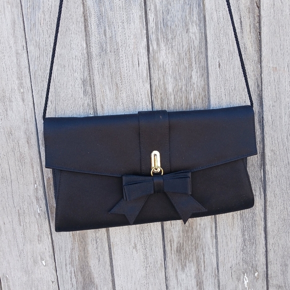 Kate Landry Evening Clutch Black Bow Envelope Snap Close Gold Chain Rope Strap - Picture 2 of 8